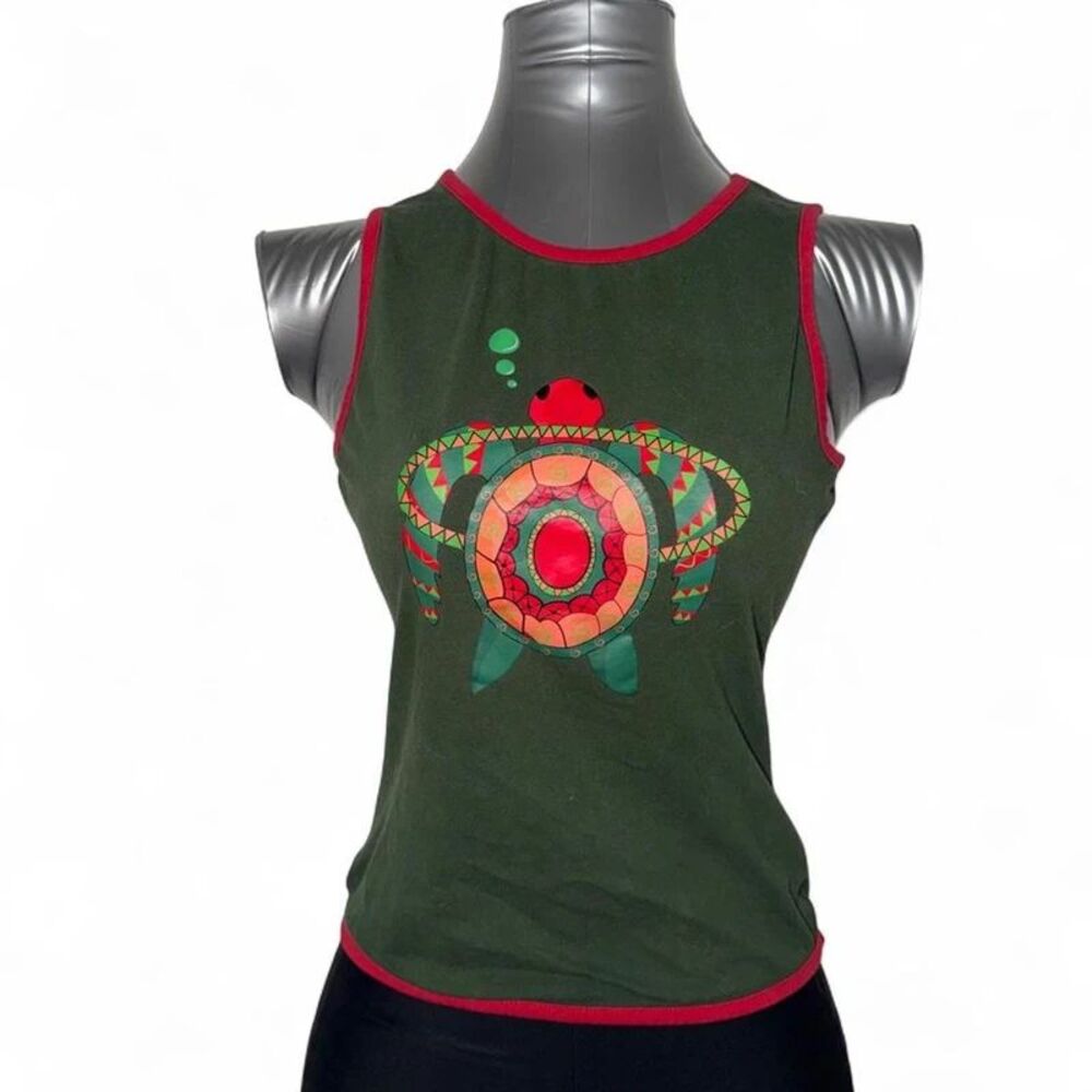 Green Turtle Tank Top with Red Trim and Geometric Turtle Graphic!